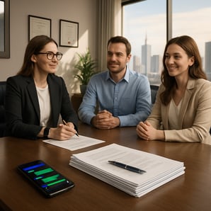 A sleek modern office conference room is depicted with a conference table at the center with a stack of documents and a pen A smartphone lies open nex