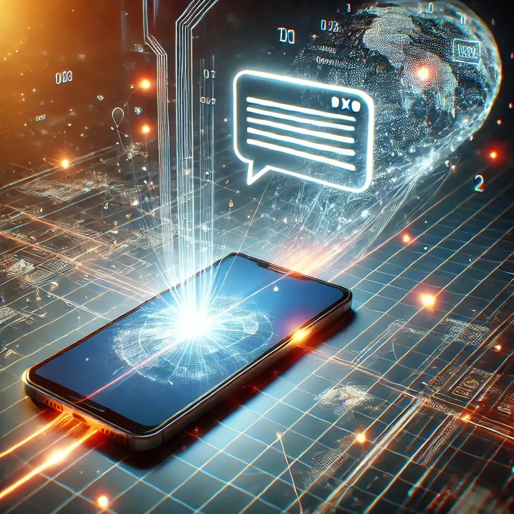 DALL·E 2025-03-10 18.40.48 - A conceptual illustration of a smartphone sending a text message with a digital connection theme. The message is shown traveling instantly through a f