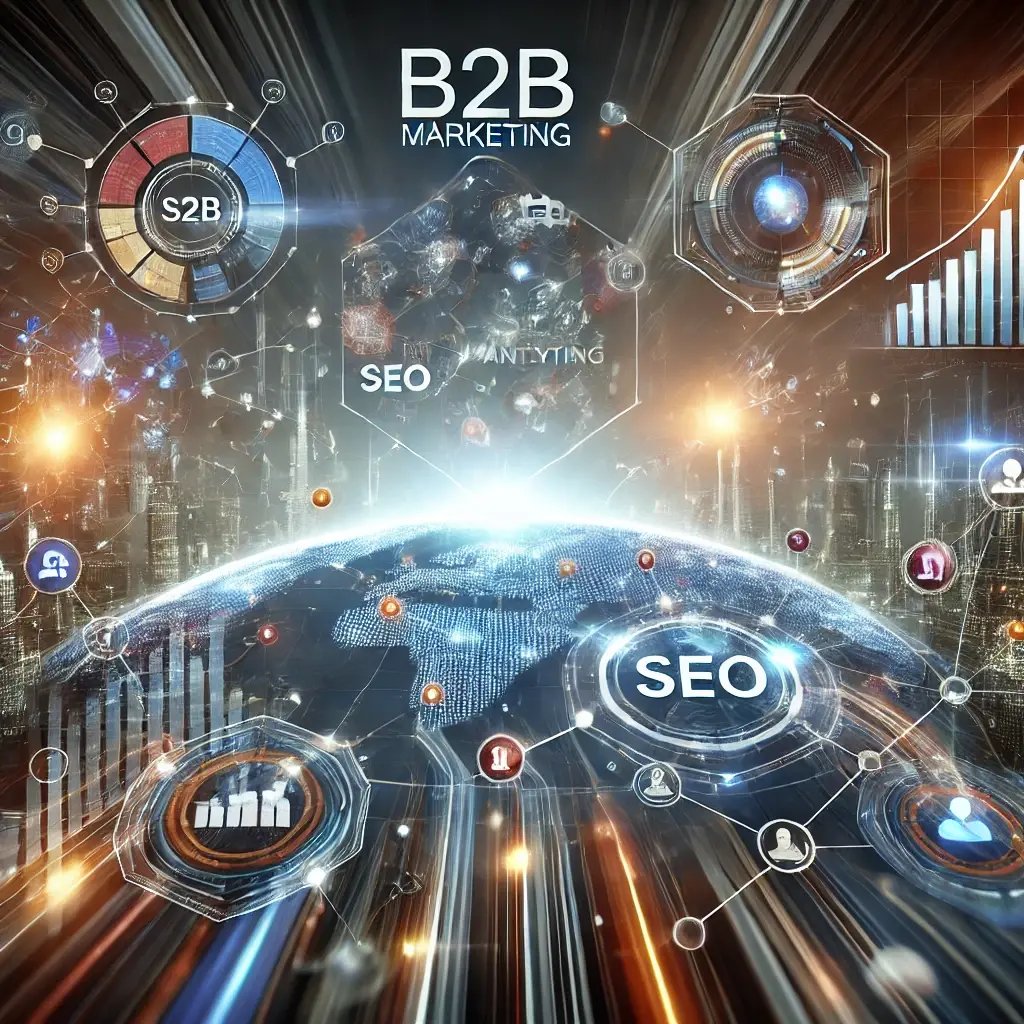 DALL·E 2025-03-24 17.35.08 - A dynamic digital illustration representing B2B marketing. The image features a futuristic business network with interconnected companies, glowing dat